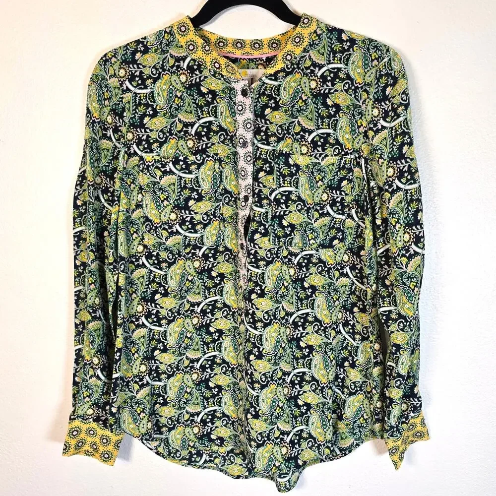 Boden Silk Blouse Women's 4R Multicolored Paisley Floral Popover Preppy Classic